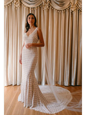 Daughters of Simone Nev Crochet Lace Wedding Dress Nude Lined Boho Gown XL